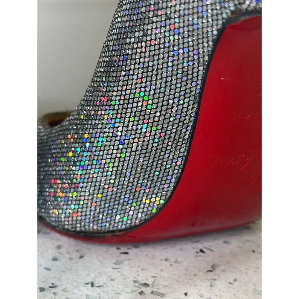 Christian Louboutin Silver Holographic Glitter Mesh Pointed Toe Pumps - 37.5